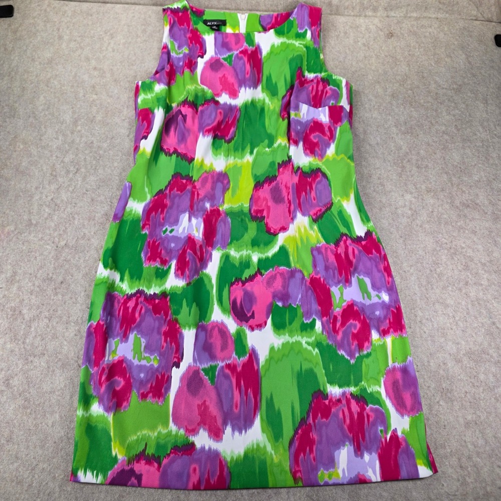 Alyx Womens Abstract Floral Ikat Sheath Dress Pink Green Sleeveless Size 14